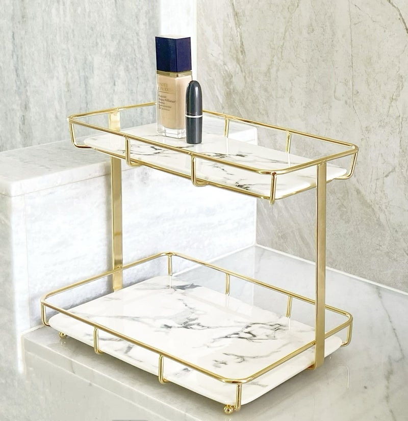 Dobbyby Bathroom Organizer Countertop Perfume Organizer Makeup Organizer Cosmetics Storage Display Rack Vanity Tray Dresser Stainless Steel Gold Shelf White Marble Ceramic Tray - Image 1